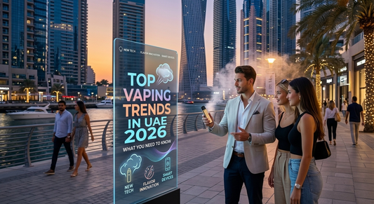 A futuristic digital board in Dubai Marina showing Top Vaping Trends in UAE 2026 with young vapers